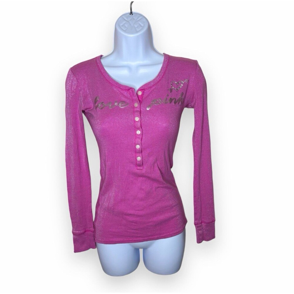 Vintage Victoria's Secret PINK Shimmer Rhinestone Heart Henley Top Sz XS